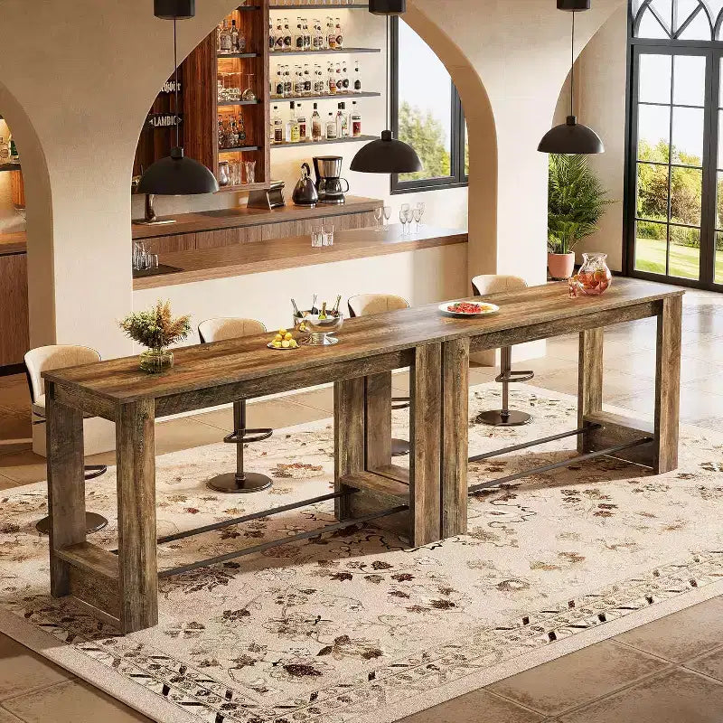 Tavolo da Bar Alto 160 cm, Tavolo da Pub Altezza Bancone 95 cm con Poggiapiedi in Metallo, Mobile Bar Lungo per Cucina, Bistrò o Ristorante