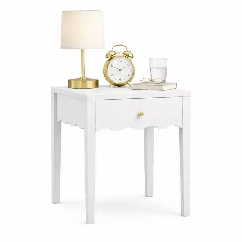 Comodino bianco con cassetto, tavolino moderno con design a grembiule ondulato, tavolino compatto per camera da letto e soggiorno, tavolino piccolo con contenitore