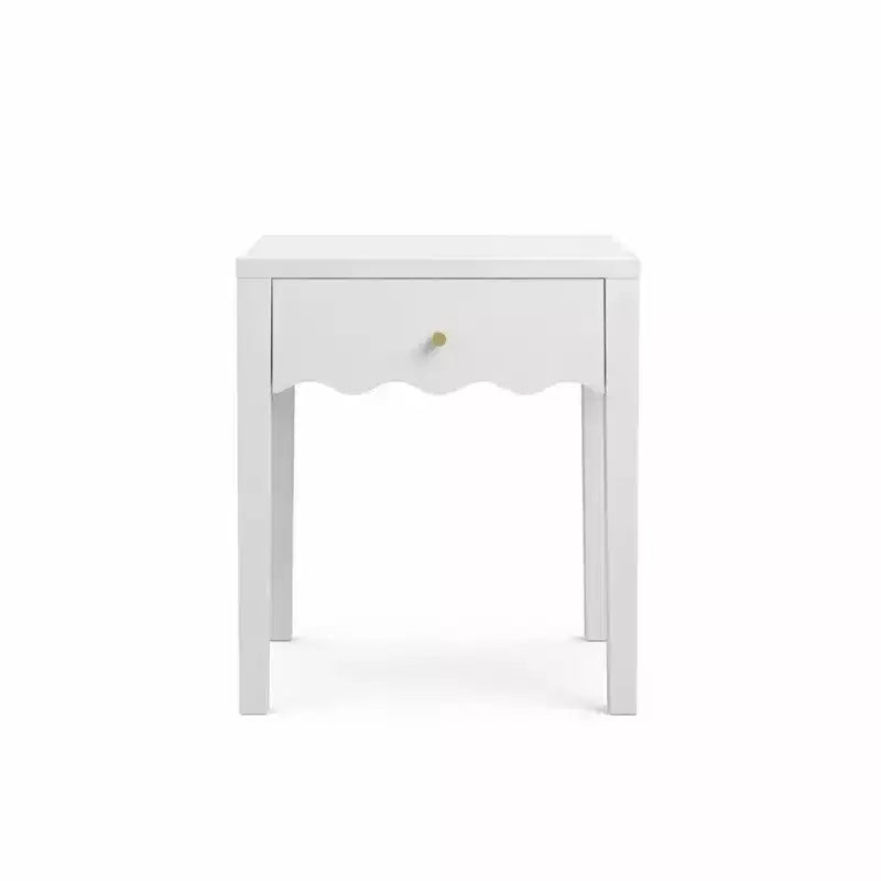 Comodino bianco con cassetto, tavolino moderno con design a grembiule ondulato, tavolino compatto per camera da letto e soggiorno, tavolino piccolo con contenitore
