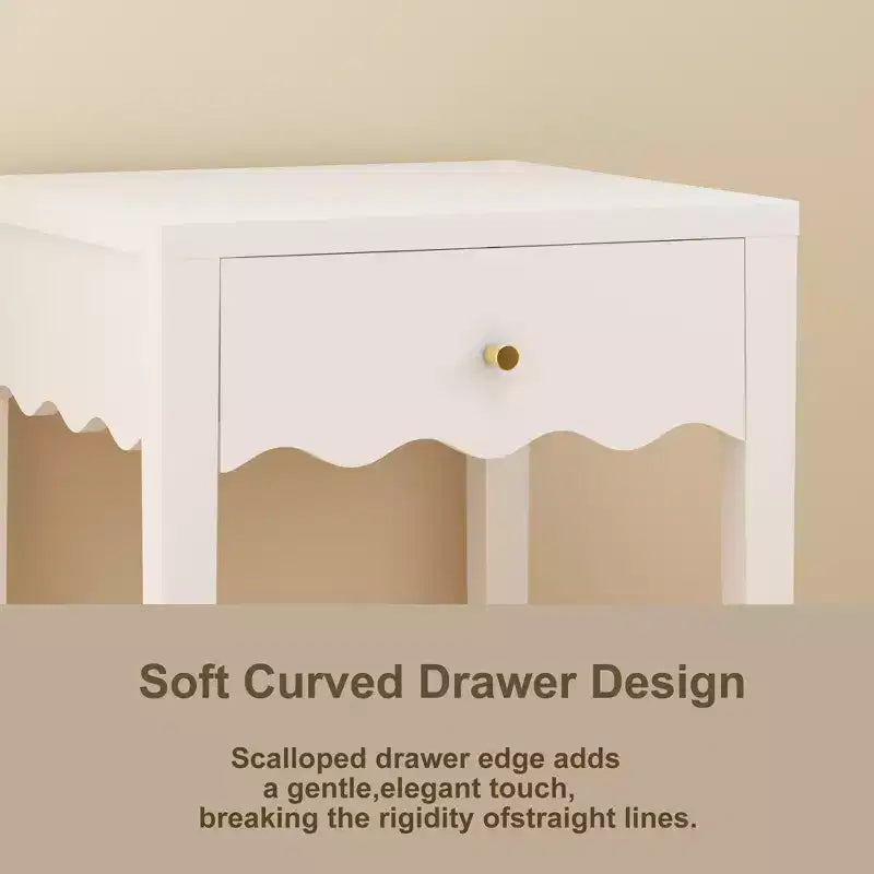 Comodino bianco con cassetto, tavolino moderno con design a grembiule ondulato, tavolino compatto per camera da letto e soggiorno, tavolino piccolo con contenitore
