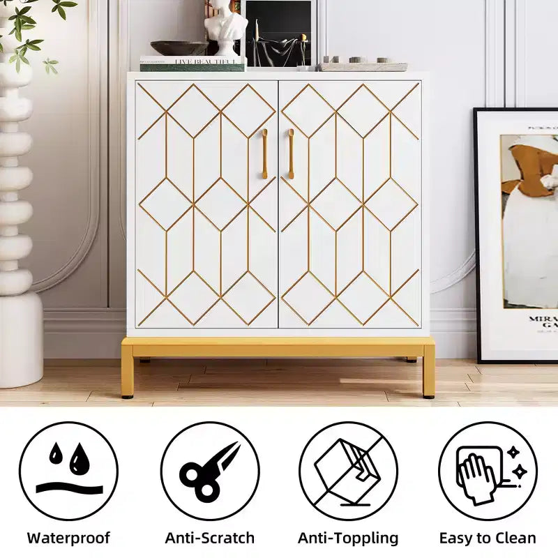 Madia, Credenza Moderna con Ante e Ripiani, 30.9L14.3P33.3A, Bianco/Oro per Cucina/Ufficio/Sala da Pranzo/Soggiorno