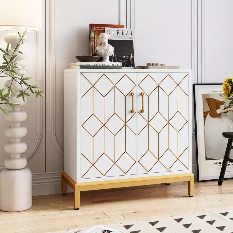Madia, Credenza Moderna con Ante e Ripiani, 30.9L14.3P33.3A, Bianco/Oro per Cucina/Ufficio/Sala da Pranzo/Soggiorno