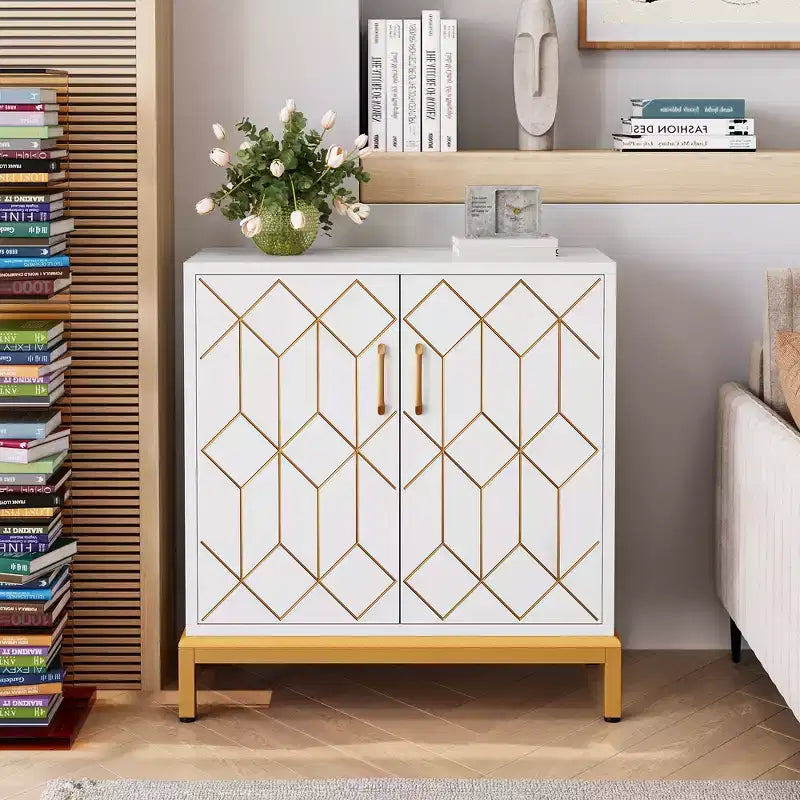 Madia, Credenza Moderna con Ante e Ripiani, 30.9L14.3P33.3A, Bianco/Oro per Cucina/Ufficio/Sala da Pranzo/Soggiorno