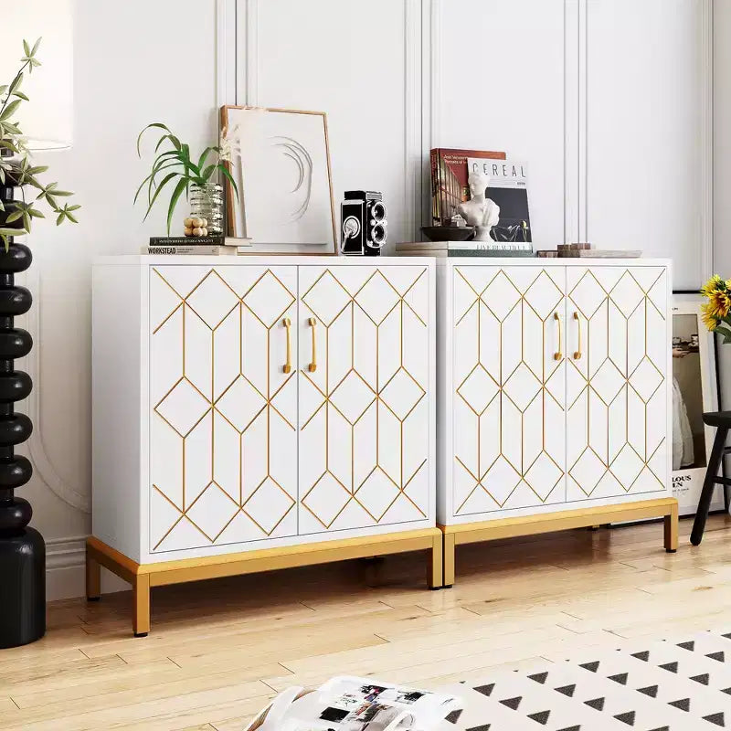 Madia, Credenza Moderna con Ante e Ripiani, 30.9L14.3P33.3A, Bianco/Oro per Cucina/Ufficio/Sala da Pranzo/Soggiorno