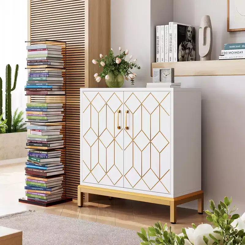 Madia, Credenza Moderna con Ante e Ripiani, 30.9L14.3P33.3A, Bianco/Oro per Cucina/Ufficio/Sala da Pranzo/Soggiorno