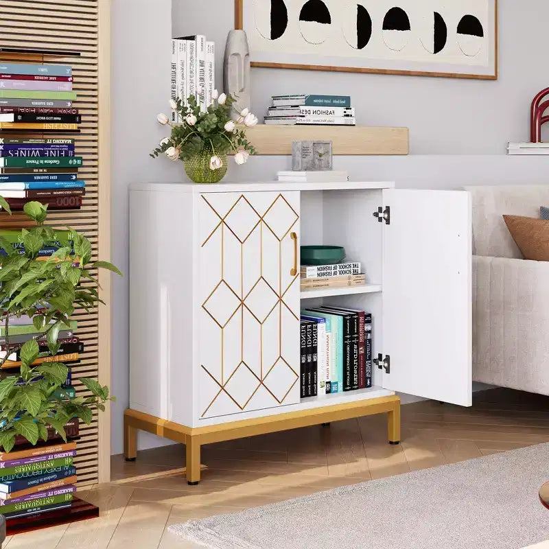 Madia, Credenza Moderna con Ante e Ripiani, 30.9L14.3P33.3A, Bianco/Oro per Cucina/Ufficio/Sala da Pranzo/Soggiorno