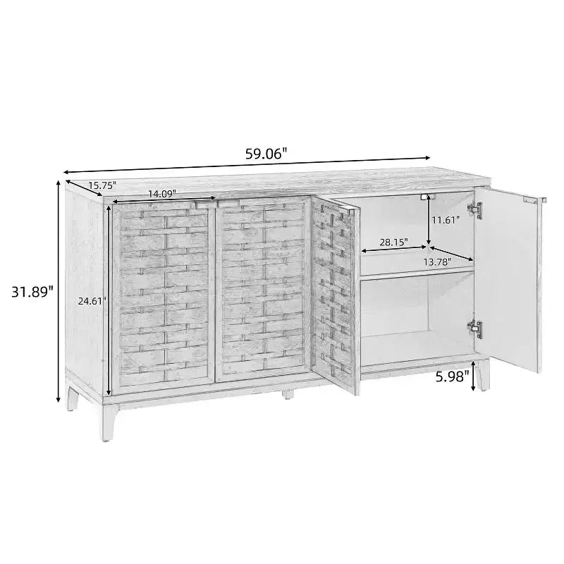 Credenza/mobile basso 4 ante Gree da 149,86 cm, stile moderno di metà secolo, tessitura 3D
