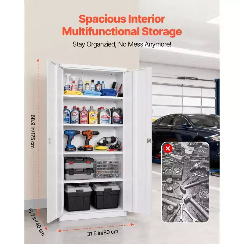 Armadio metallico da garage con serratura, 175 cm, 4 ripiani regolabili, 2 ante magnetiche, 2 chiavi, 5 livelli di stoccaggio, bianco