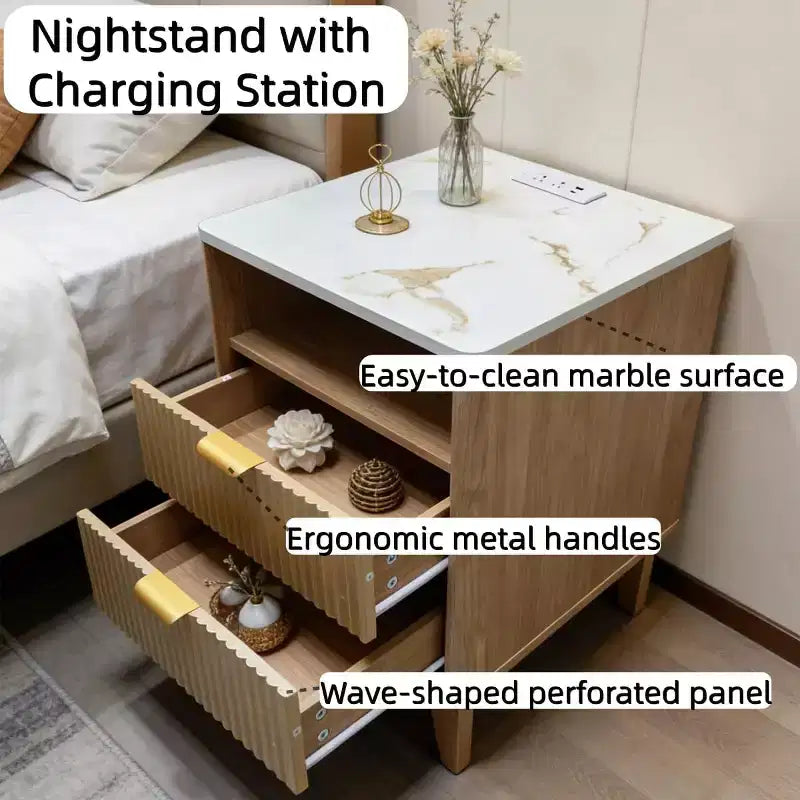 Comodino, tavolino da notte 3-in-1, comodino a 2 cassetti, comodino moderno curvo, per soggiorno, camera da letto