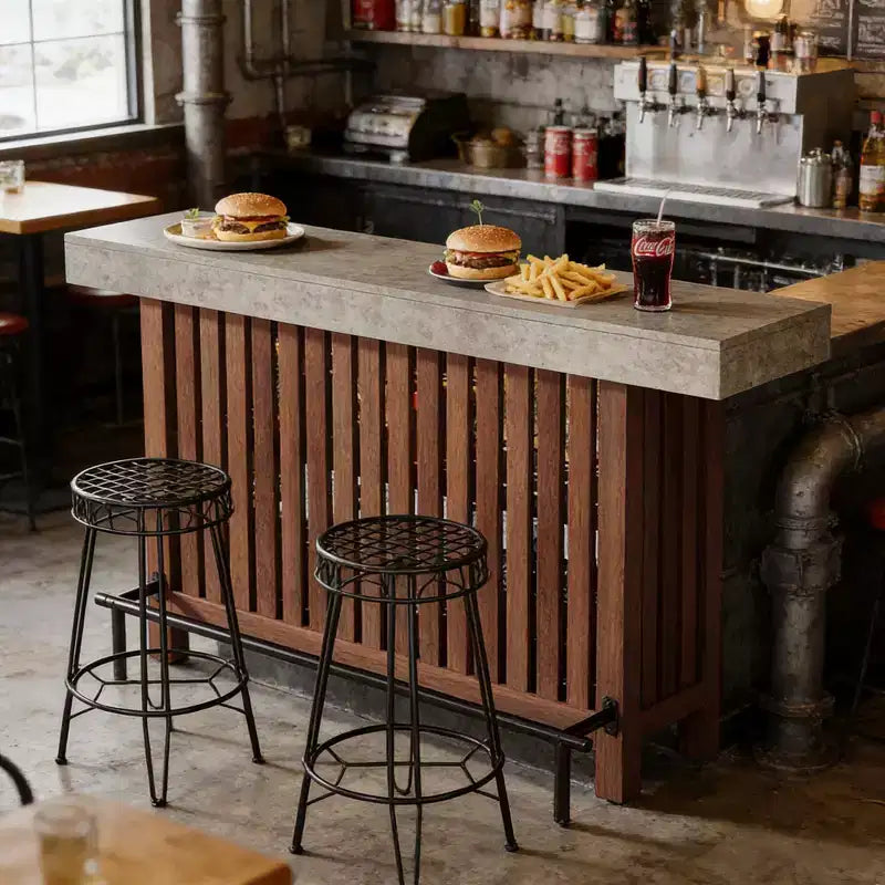 Tavolo da bar Paula in metallo moderno e legno con 2 ripiani e piedini regolabili