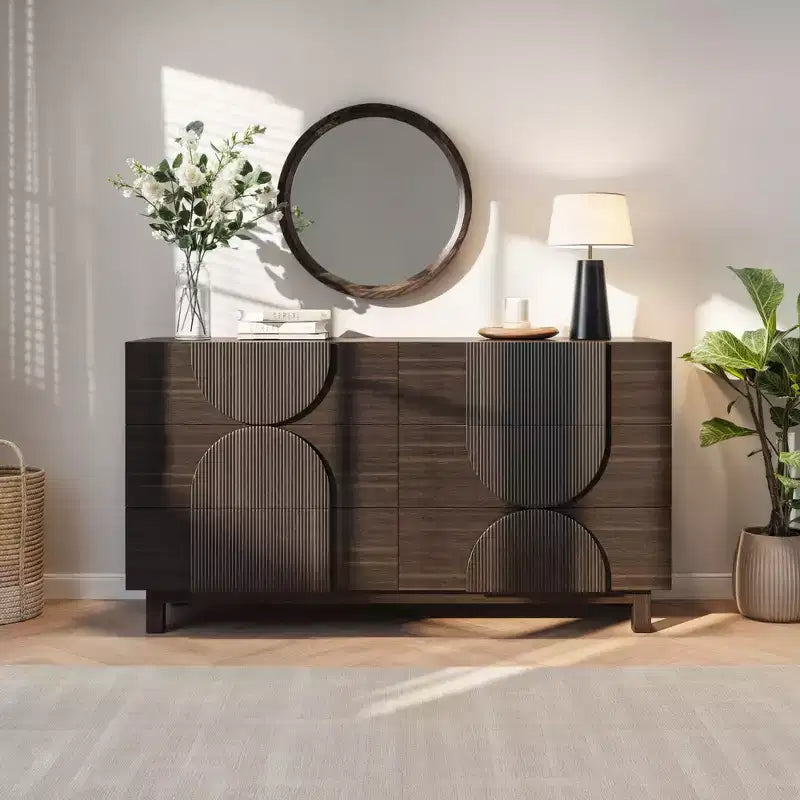Cassettiera moderna geometrica a 6 cassetti, mobile contenitore ampio con accento a semicerchio per camera da letto e soggiorno