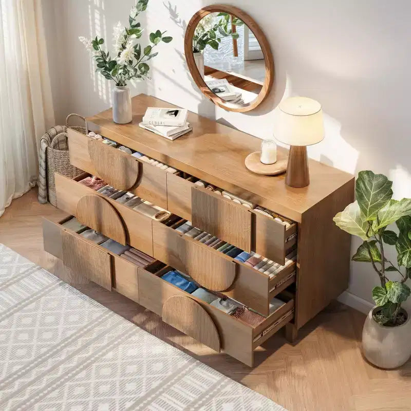 Cassettiera moderna geometrica a 6 cassetti, mobile contenitore ampio con accento a semicerchio per camera da letto e soggiorno