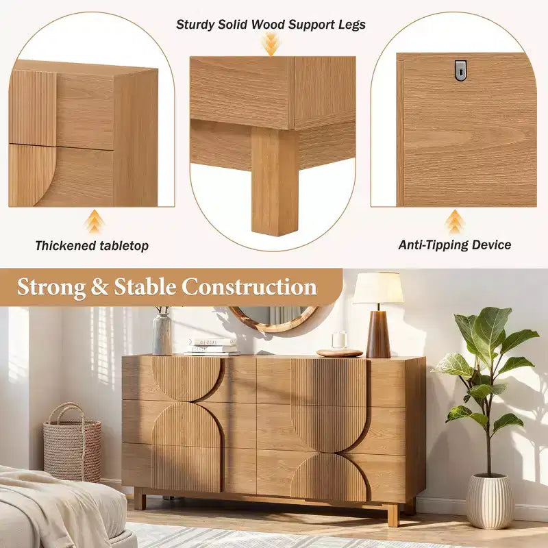 Cassettiera moderna geometrica a 6 cassetti, mobile contenitore ampio con accento a semicerchio per camera da letto e soggiorno