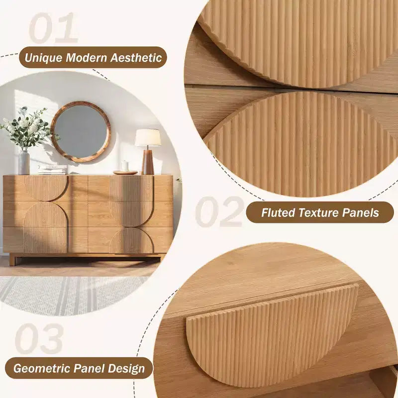 Cassettiera moderna geometrica a 6 cassetti, mobile contenitore ampio con accento a semicerchio per camera da letto e soggiorno