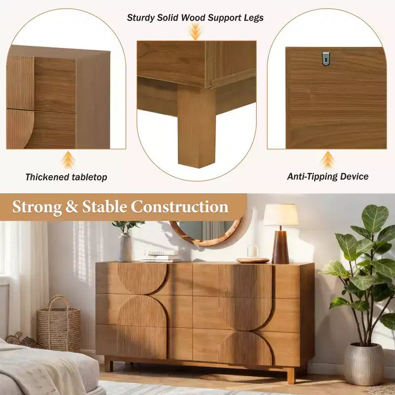 Cassettiera moderna geometrica a 6 cassetti, mobile contenitore ampio con accento a semicerchio per camera da letto e soggiorno