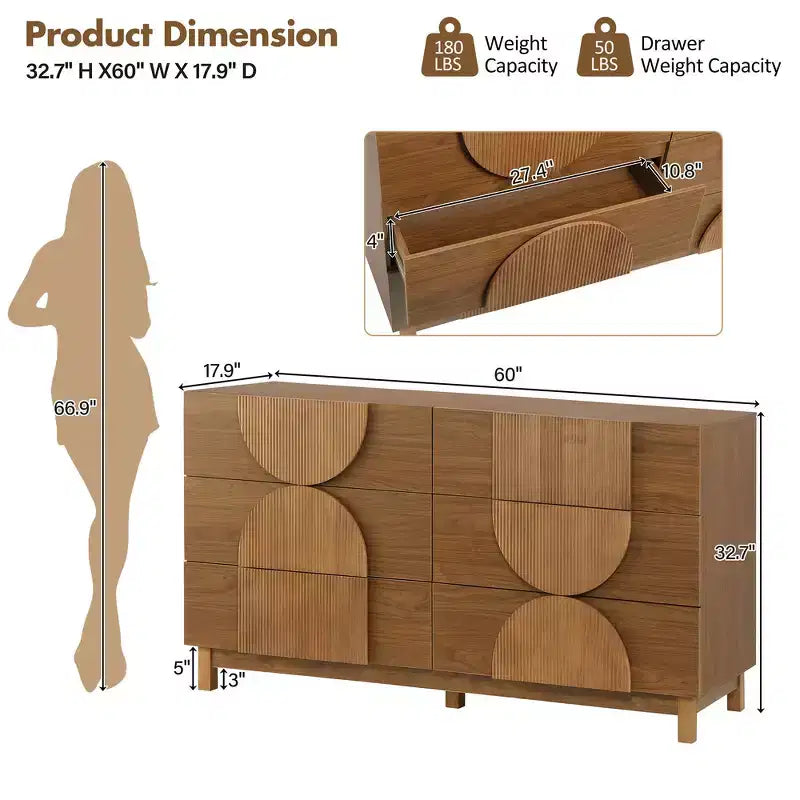 Cassettiera moderna geometrica a 6 cassetti, mobile contenitore ampio con accento a semicerchio per camera da letto e soggiorno