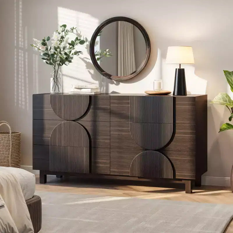 Cassettiera moderna geometrica a 6 cassetti, mobile contenitore ampio con accento a semicerchio per camera da letto e soggiorno