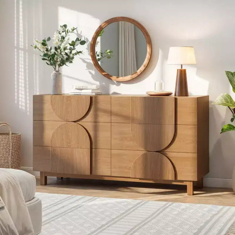 Cassettiera moderna geometrica a 6 cassetti, mobile contenitore ampio con accento a semicerchio per camera da letto e soggiorno