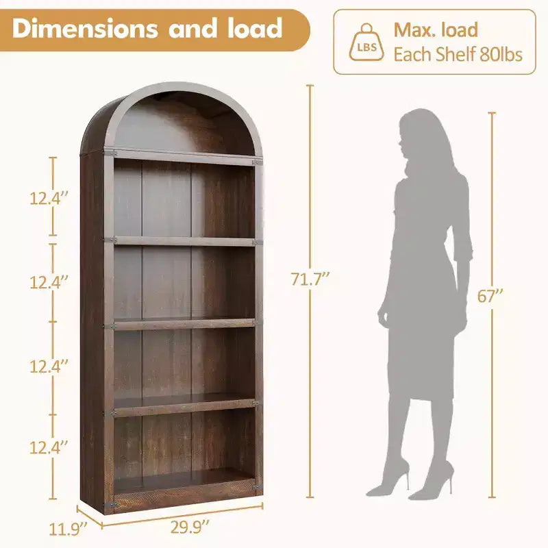 Libreria a 5 ripiani, libreria ad arco alta 182 cm, scaffale espositivo in stile rustico, librerie in legno per casa, ufficio, soggiorno