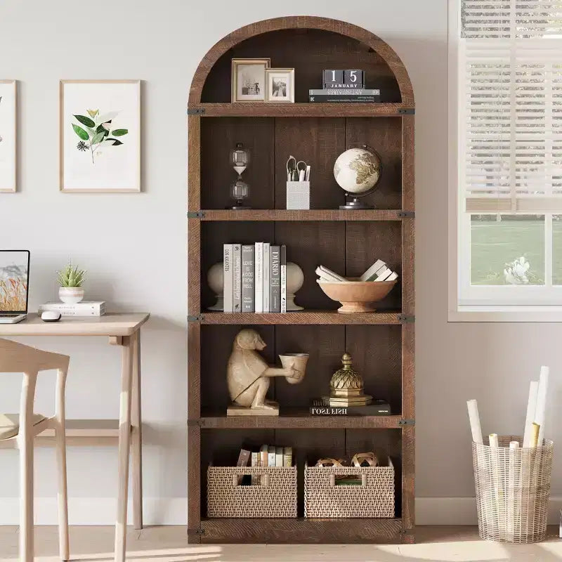 Libreria a 5 ripiani, libreria ad arco alta 182 cm, scaffale espositivo in stile rustico, librerie in legno per casa, ufficio, soggiorno