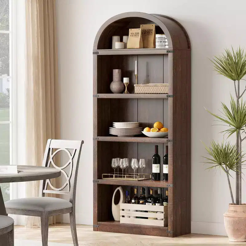 Libreria a 5 ripiani, libreria ad arco alta 182 cm, scaffale espositivo in stile rustico, librerie in legno per casa, ufficio, soggiorno