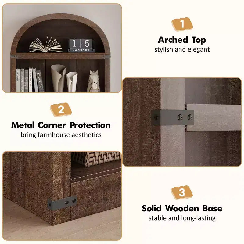 Libreria a 5 ripiani, libreria ad arco alta 182 cm, scaffale espositivo in stile rustico, librerie in legno per casa, ufficio, soggiorno