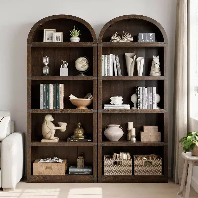 Libreria a 5 ripiani, libreria ad arco alta 182 cm, scaffale espositivo in stile rustico, librerie in legno per casa, ufficio, soggiorno