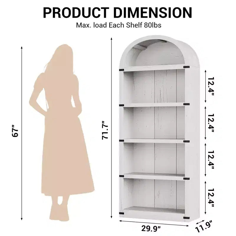 Libreria a 5 ripiani, libreria ad arco alta 182 cm, scaffale espositivo in stile rustico, librerie in legno per casa, ufficio, soggiorno