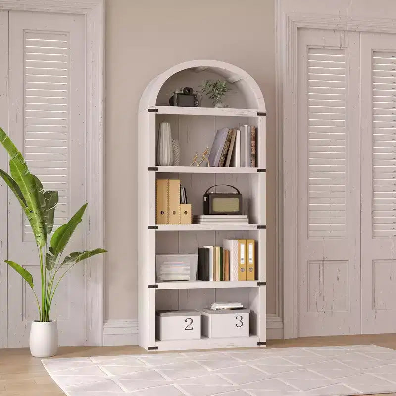 Libreria a 5 ripiani, libreria ad arco alta 182 cm, scaffale espositivo in stile rustico, librerie in legno per casa, ufficio, soggiorno