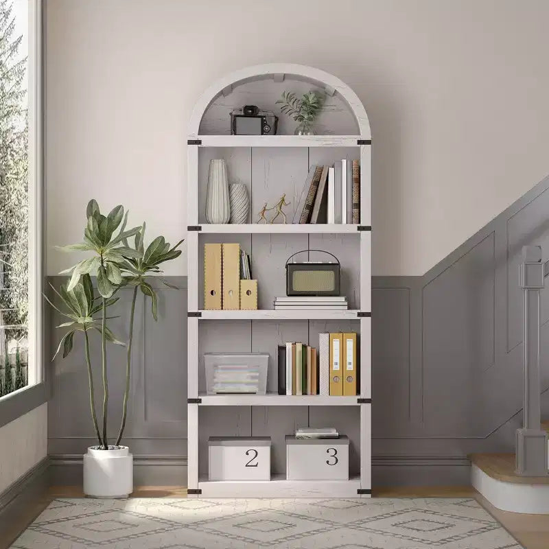Libreria a 5 ripiani, libreria ad arco alta 182 cm, scaffale espositivo in stile rustico, librerie in legno per casa, ufficio, soggiorno
