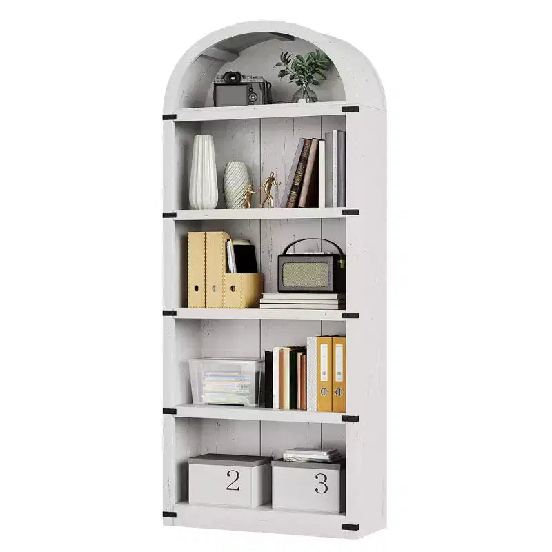 Libreria a 5 ripiani, libreria ad arco alta 182 cm, scaffale espositivo in stile rustico, librerie in legno per casa, ufficio, soggiorno