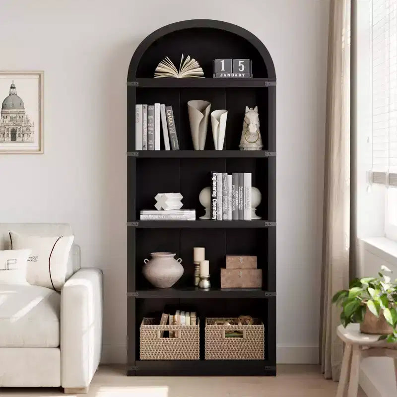 Libreria a 5 ripiani, libreria ad arco alta 182 cm, scaffale espositivo in stile rustico, librerie in legno per casa, ufficio, soggiorno