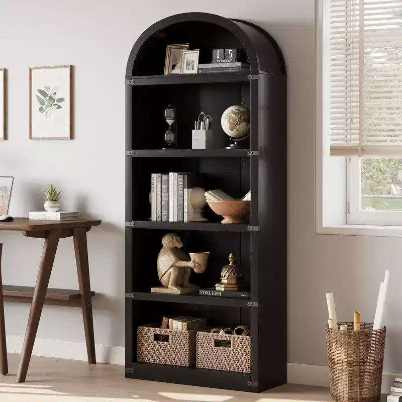 Libreria a 5 ripiani, libreria ad arco alta 182 cm, scaffale espositivo in stile rustico, librerie in legno per casa, ufficio, soggiorno