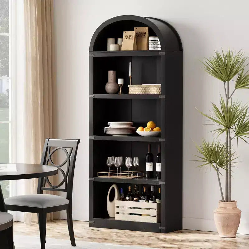 Libreria a 5 ripiani, libreria ad arco alta 182 cm, scaffale espositivo in stile rustico, librerie in legno per casa, ufficio, soggiorno