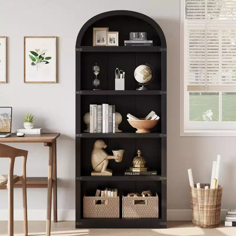 Libreria a 5 ripiani, libreria ad arco alta 182 cm, scaffale espositivo in stile rustico, librerie in legno per casa, ufficio, soggiorno