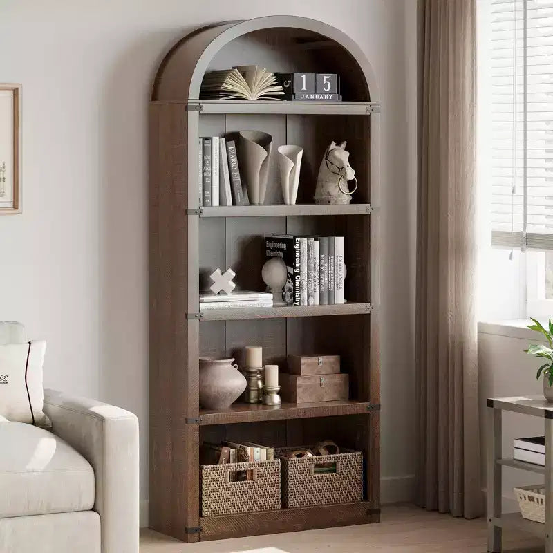 Libreria a 5 ripiani, libreria ad arco alta 182 cm, scaffale espositivo in stile rustico, librerie in legno per casa, ufficio, soggiorno