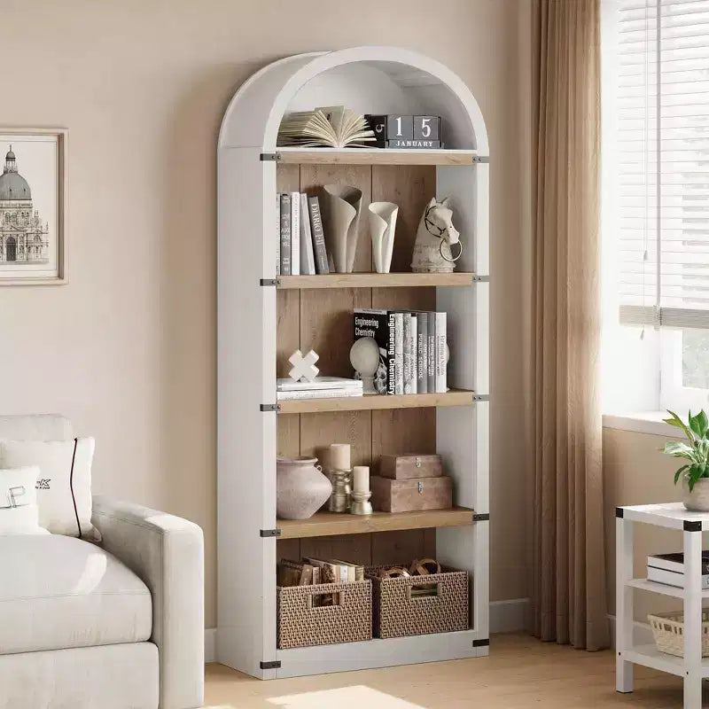 Libreria a 5 ripiani, libreria ad arco alta 182 cm, scaffale espositivo in stile rustico, librerie in legno per casa, ufficio, soggiorno