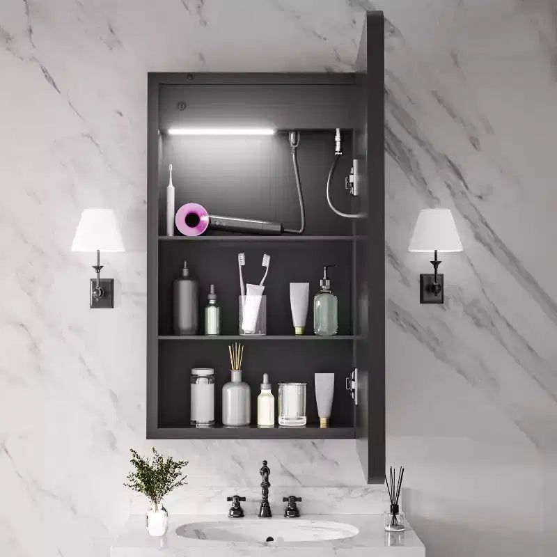 Armadietto dei medicinali rettangolare in ferro da 16 pollici L x 28 pollici A con specchio, luce LED dimmerabile, antiappannamento e prese - Completamente assemblato