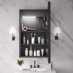 Armadietto dei medicinali rettangolare in ferro da 16 pollici L x 28 pollici A con specchio, luce LED dimmerabile, antiappannamento e prese - Completamente assemblato
