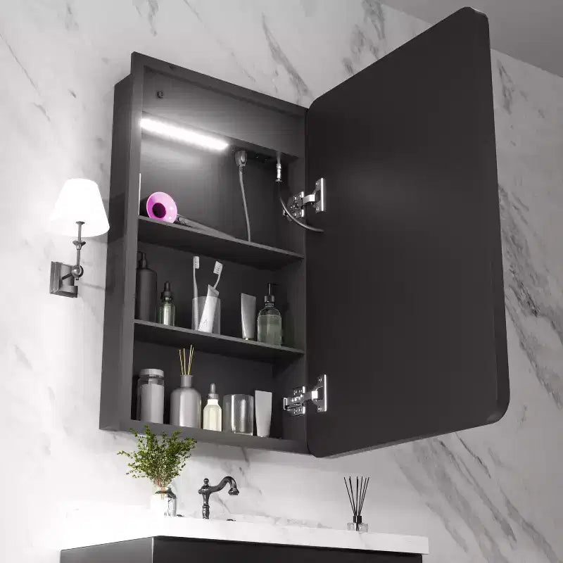 Armadietto dei medicinali rettangolare in ferro da 16 pollici L x 28 pollici A con specchio, luce LED dimmerabile, antiappannamento e prese - Completamente assemblato
